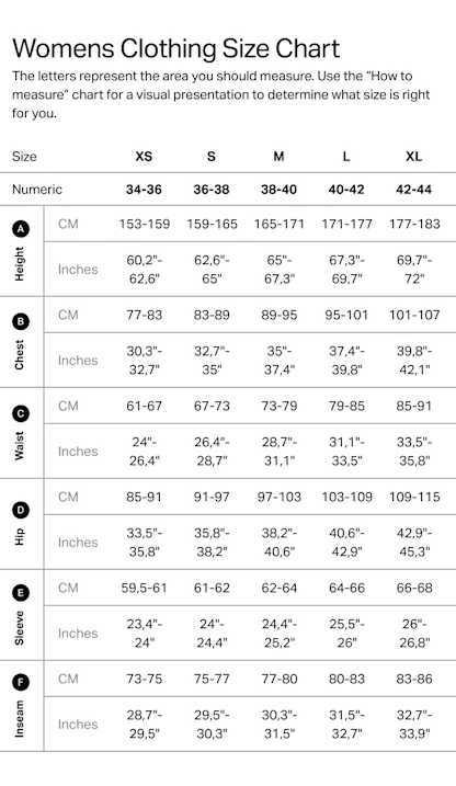 WOMENS SIZE CHART – VITAL APPAREL